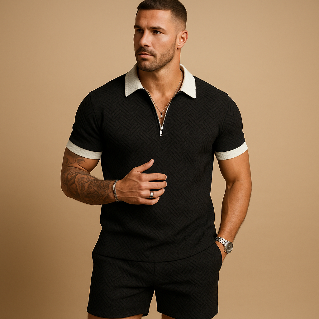 Men’s zippered summer set with T-shirt and shorts, perfect for beach days, casual wear, and warm weather comfort.